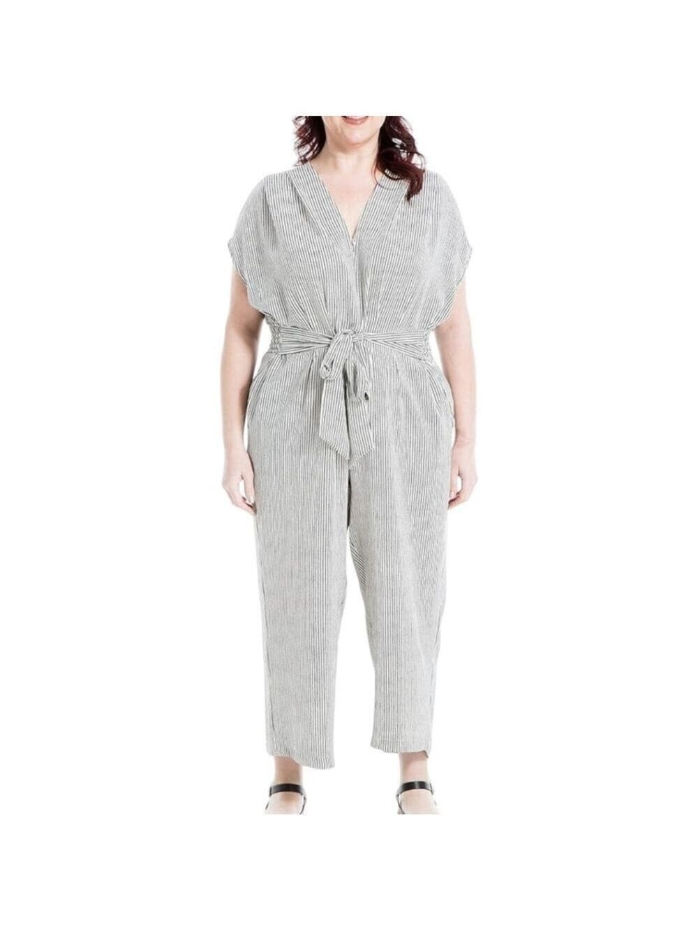 Max Studio Womens Plus Size Short Sleeve Waist Tie Jumpsuit